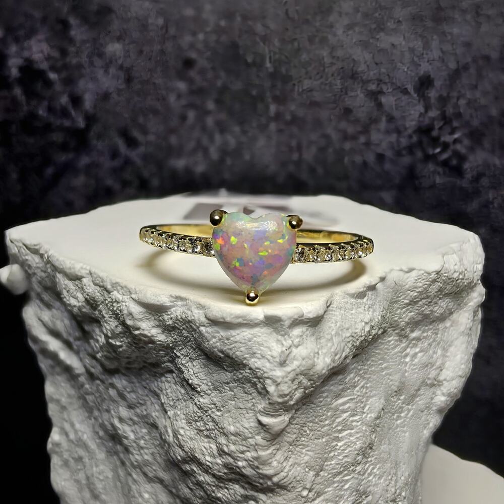Heart-Cut White Opal & Accent Stones Ring (Size 7.5) Gold Over 925 Silver
